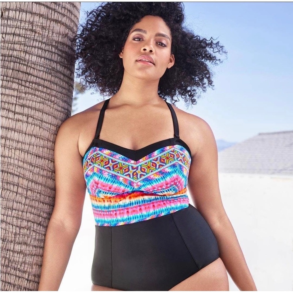 Torrid Womens Plus Multicolor Geometric Tie Dye One Piece Swimsuit‎ SZ 14/16 1X